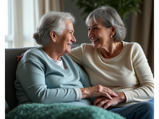 Two adults sharing a quiet, understanding moment, one gently touching the arm of the other, symbolizing empathy and support.